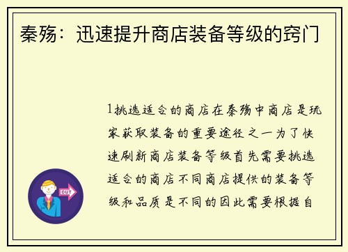 秦殇:迅速提升商店装备等级的窍门